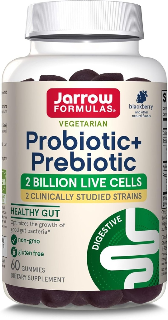 Jarrow Formulas Probiyotik+ Prebiyotik Diyeter Supplement, Digestive Health, Gut Flora+Immune Health - 2 Milyar CFU - 2 Klinik olarak Studied Strains - 60 Gummies - Blackberry Flavor