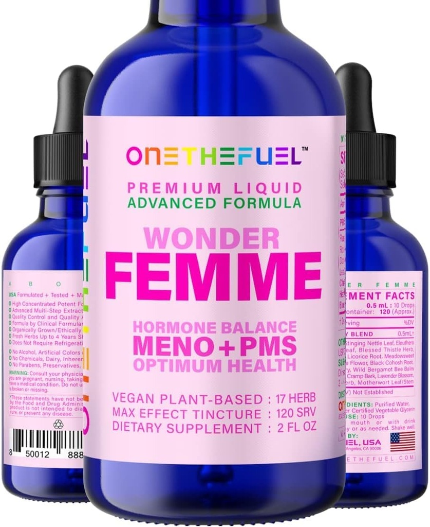 Wonder Femme Plant-Based Hormon Balance Menopause Hot Flashes Relief Support 100% Natural 17 Herbal Women Estrogen Health Supplement Dong Quai Vitex + Fast Absorb Tincture 2 oz. Sıvı