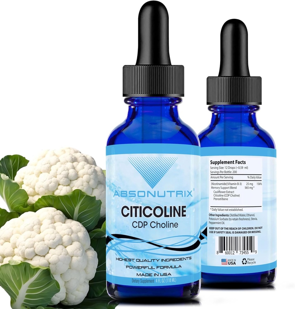 Absonutrix Citicoline 590 mg, 4 Oz Bottle, 200 Servings, Made in USA, Quick Absorption, Quality Potent Ingredients, Non-GMO, GMP Certified, Cruelty-Free Products