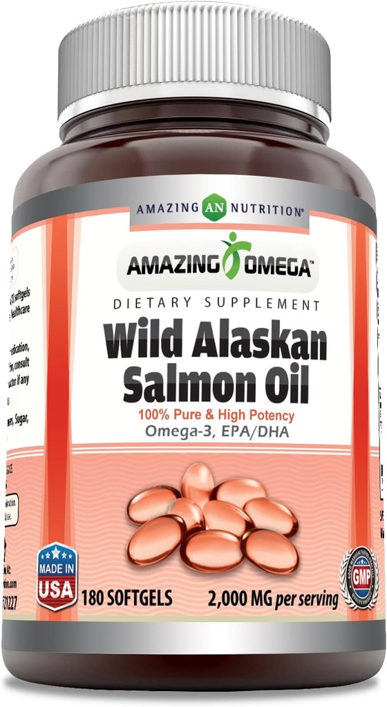 Amazing Omega Wild Alaskan Salmon Oil Supplement | 2000 Mg per Service | 180 Softgels | Non-GMO | Gluten-Free | Made in USA