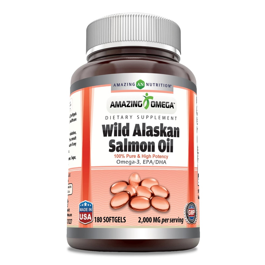 Amazing Omega Wild Alaskan Salmon Oil Supplement | 2000 Mg per Service | 180 Softgels | Non-GMO | Gluten-Free | Made in USA