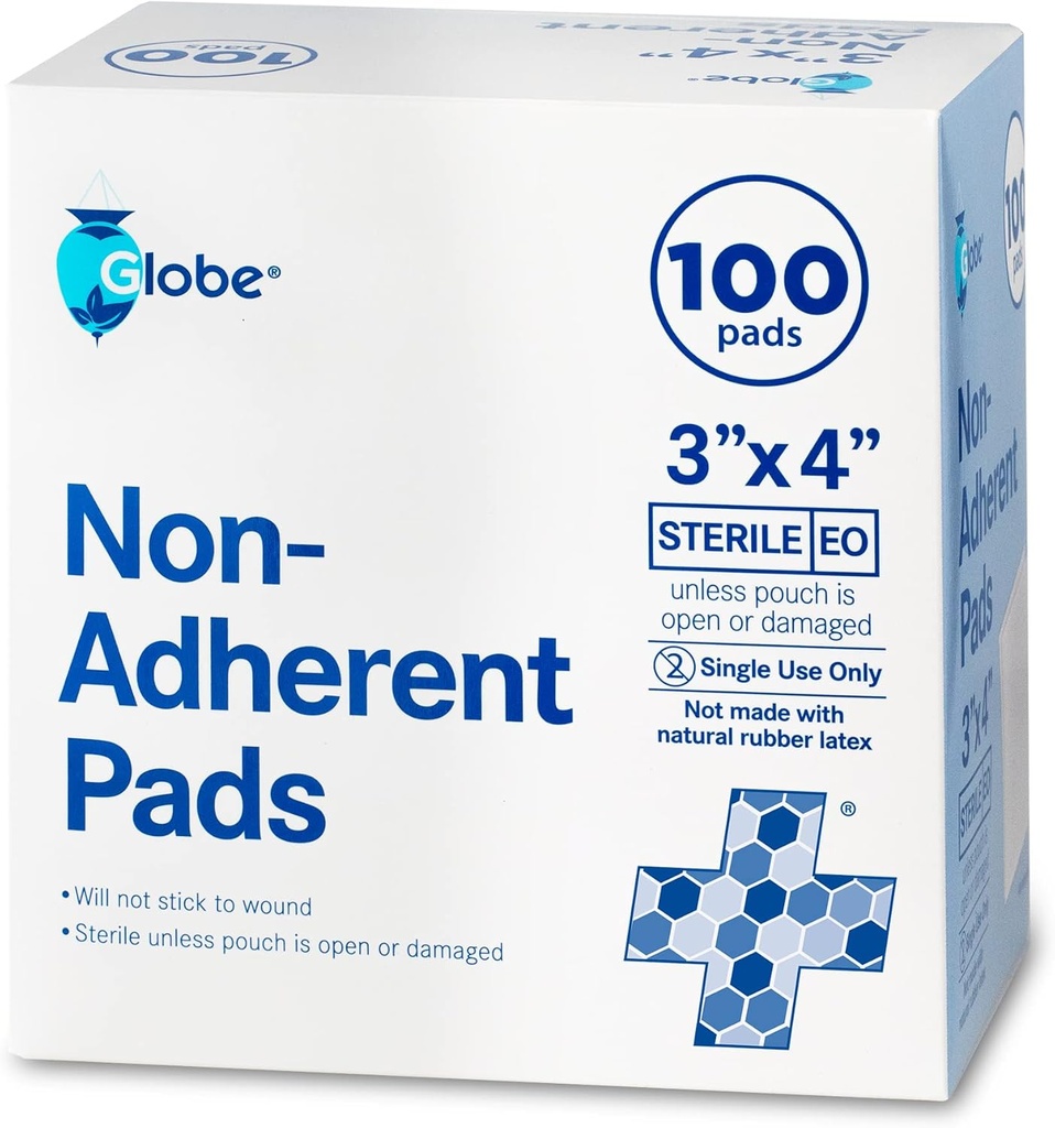 Globe Advanced Sterile Non-Adherent Pads| 100-Pack, 3" x 4" (Adhesive Yara Elbise Giyme – Yüksek Lisans ve Non-Stick, Painless Removal-Switch / Bireysel olarak Ekstra Koruma x 4)