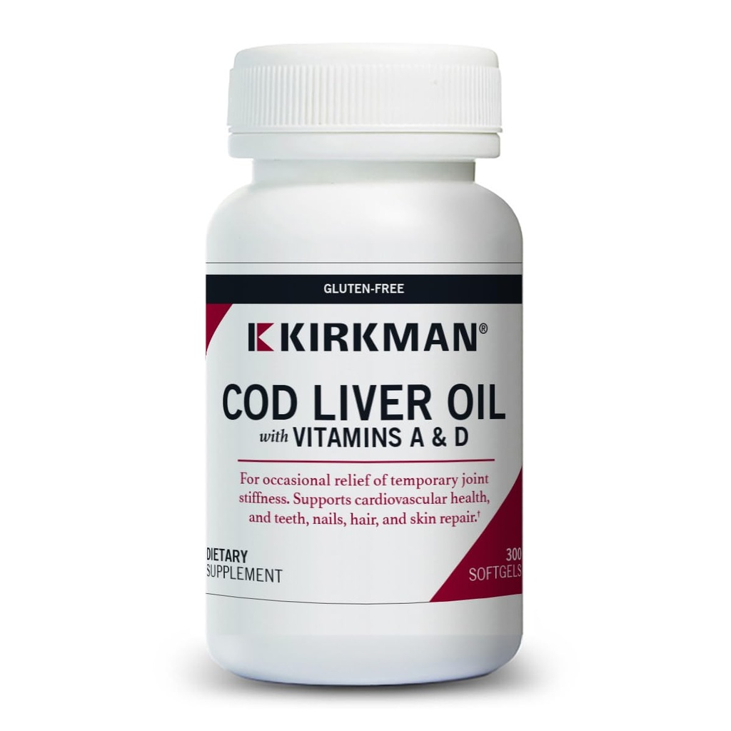 Kirkman - A & D Vitamini ile Cod Liver Oil - 300 Softgels - Essential Fatty Acids - Supports Foundational Health - Hipoallergenik