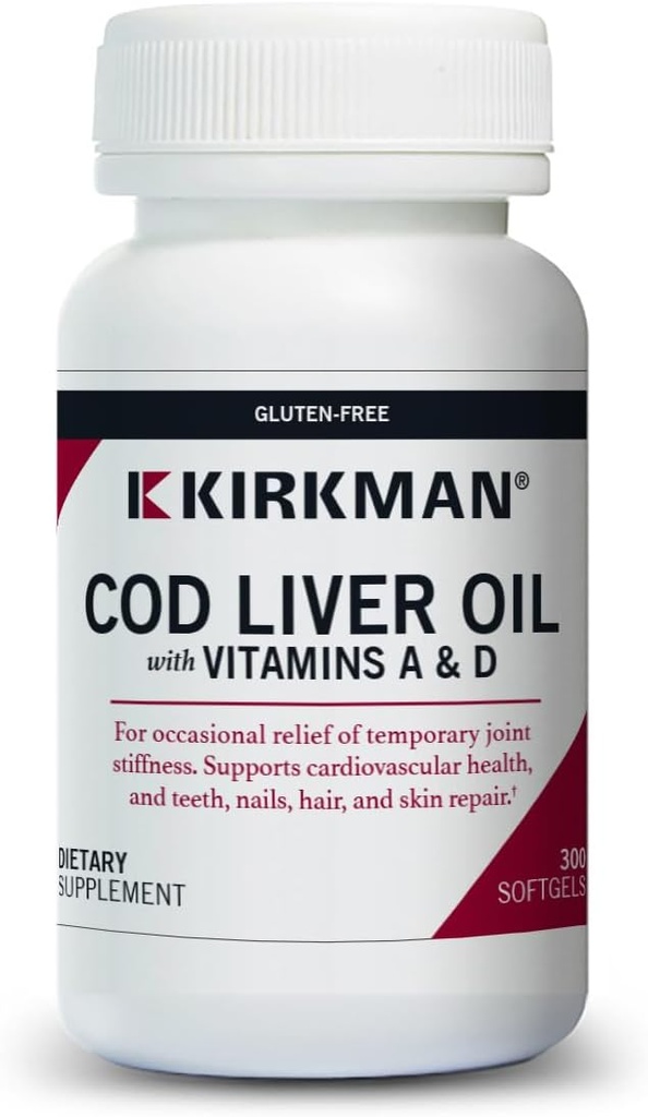 Kirkman - Cod Liver Oil με βιταμίνη A & D - 300 Softgels - Απαραίτητα Λιπαρά Οξέα - Υποστηρίζει Θεμελιώδη Υγεία - Hypoallergenic
