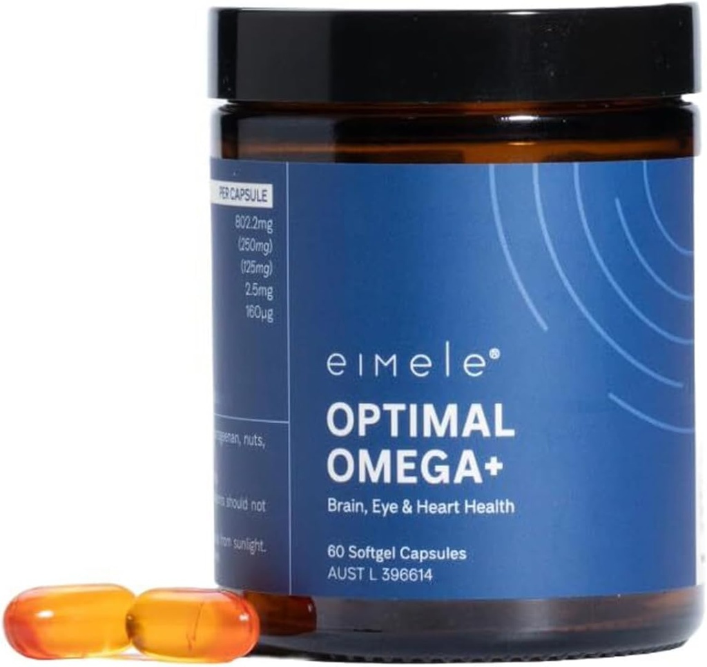 Eimele | Optimal Omega+ | Plant-Based Omega-3 EPA & DHA | Beyin, Eye & Heart Health | Antioksi Support for Cognitive Function & Wellness | Non-GMO | Vegan | 60 soft Capsules