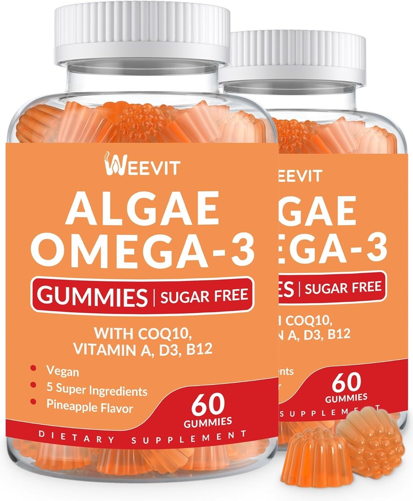 Vegan Omega 3 Gummies, Algae Omega-3 Supplement DHA 240 mg, EPA 110 mg w/Vitamin B12, CoQ10, Fish Oil Alternative for Yetişkinler - Brain, Bone, Eye & Immunity Support DHA 240mg, EPA 110 mg w/Vitamin B12, CoQ10, Fish Oil Alternative for Yetişkinler - Brain, Bone, Eye & Immunity Support