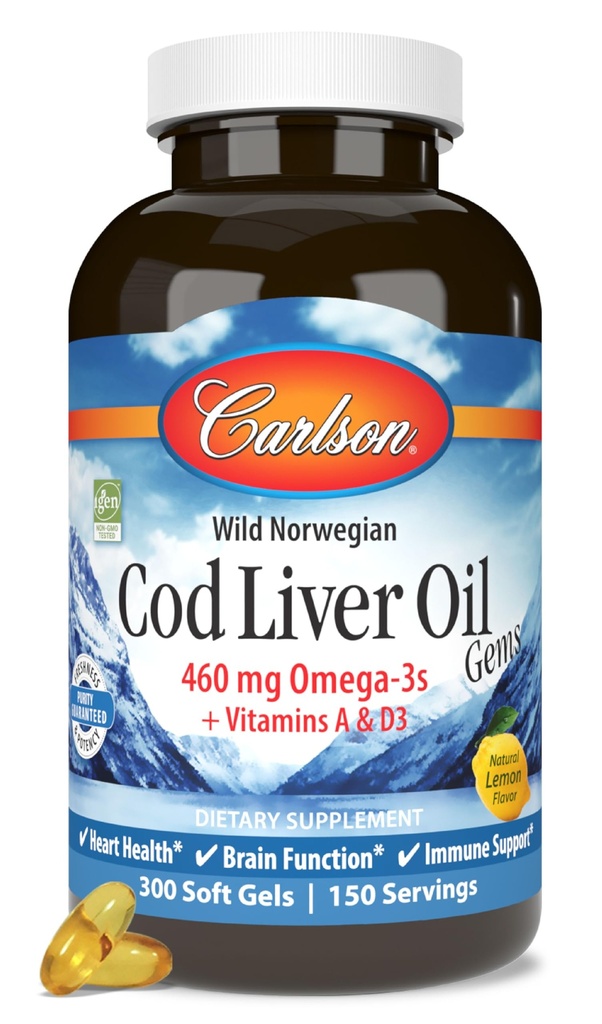 Carlson - Cod Liver Oil, 460 mg Omega-3s + Vitamins A & D3, Wild-Caught Norveç Arctic Cod-Liver Oil, Sustainable Sourced Nordic Fish Capsules, Lemon, 300 Softgels