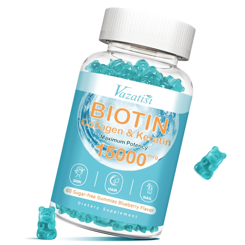 B12, Hair Skin ve Nails Vitaminleri Saç Büyüme, Glowing Skin & Güçlü Çiçeği - Blueberry Flavor, Sugar Free, 60 Ct
