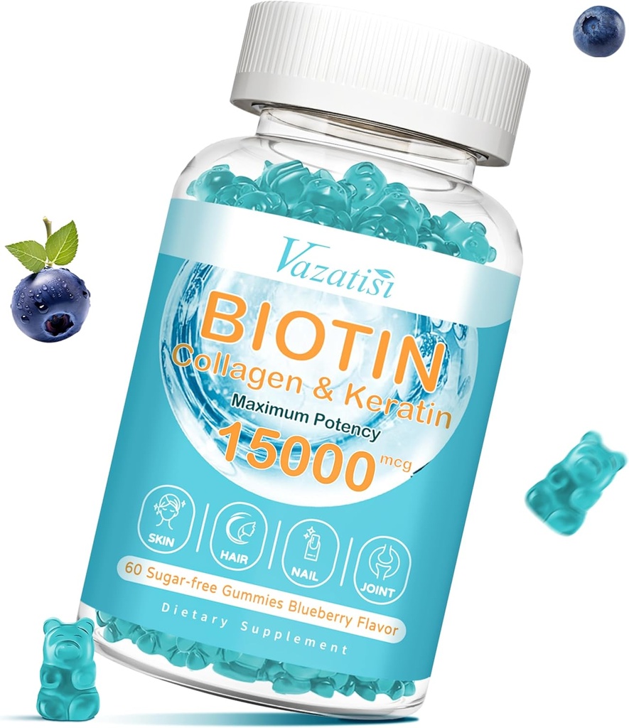 B12, Hair Skin ve Nails Vitaminleri Saç Büyüme, Glowing Skin & Güçlü Çiçeği - Blueberry Flavor, Sugar Free, 60 Ct