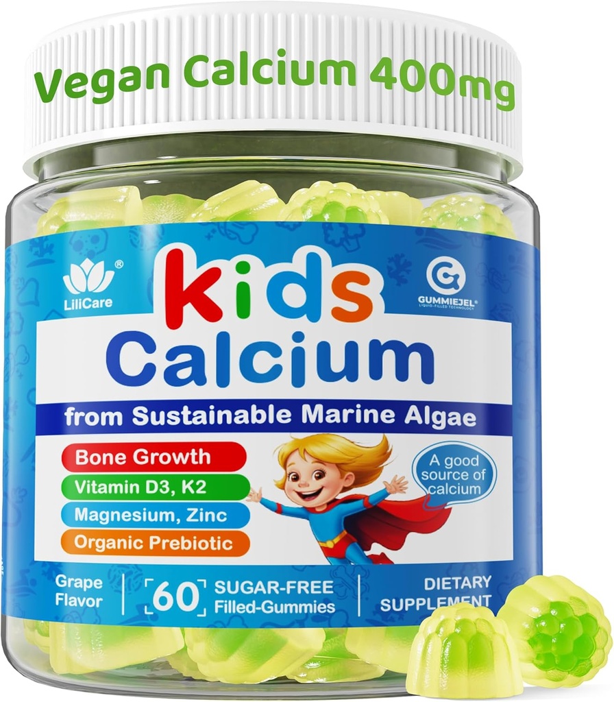 Kids Calcium Gummies + Vitamin D3 K2, Magnesium, Zinc, Extra Absorption Algae Calcium Supplement For Kids Gentle to Stomach, Bone, Teeth, Muscle, Brain, Sugar Free Chewable Kids Vitamins 4+, 60 Counts