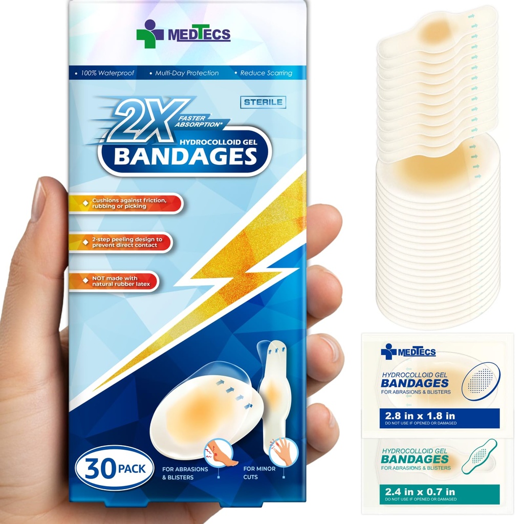 Medtecs Hydrocolloid Gel Bandage, Ellipse 20ct + Strip 10ct, Long-Lasting,Waterproof Adhesive for First Aid,Advanced Cushion for blister Prevention & Wound Care,2X Fast Healing for Heel,Fingers & Toes