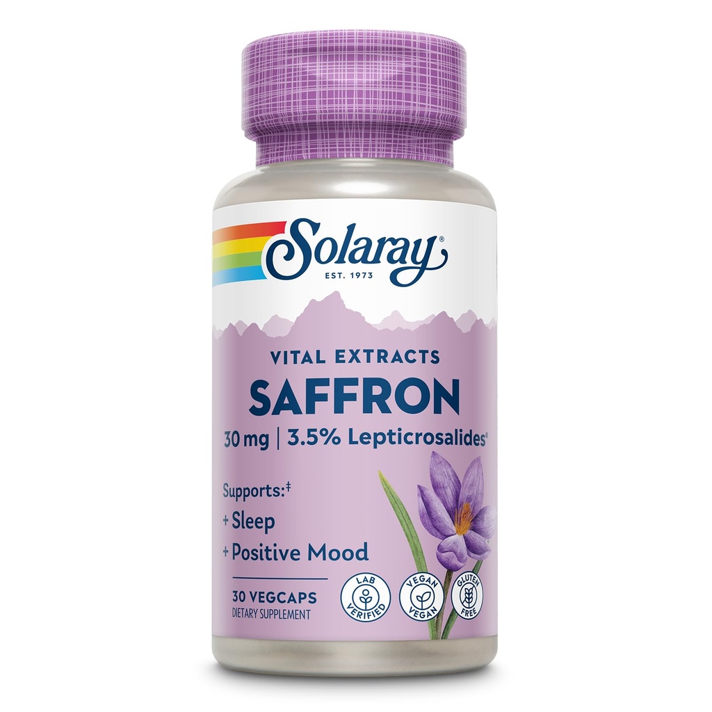 SOLARAY Saffron Ekstraksiyon - Uyku ve Olumlu Mood Destek - Vegan ve Gluten Free Saffron Supplements - Lab TY 60-Day Garanti - 30 Hizmet, 30 VegCaps