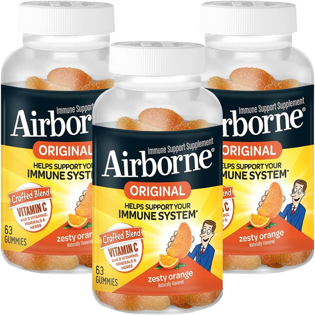 Airborne 750mg Vitamin C Immune Support Supplement Gummies for Adults, Zesty Orange Flavor, Gluten Free Crafted Blend with Powerful Antioxidants Vitamins A C & E, 63 Gummies (3 Pack)