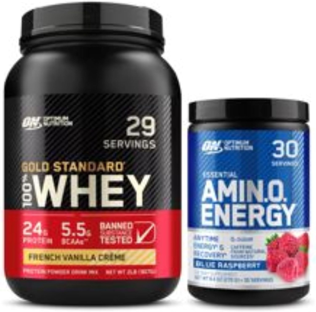 Optimum Beslenme Dinamik Duo Sche: Amino Energy, Blue Raspberry (30 hizmet) ve Gold Standard 100% Whey protein Toz, Fransız Vanilla Creme (29 hizmet)