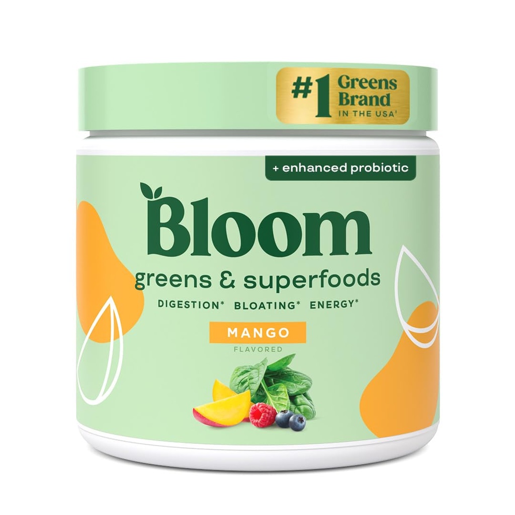 Bloom Beslenme Superfood Greens Toz, Probiyotikler ve Prebiyotiklerle Digestive Enzymes, Gut Health, Women, Chlorella, Green Juice Mix with Beet Root Toz, 30 SVG, Mango