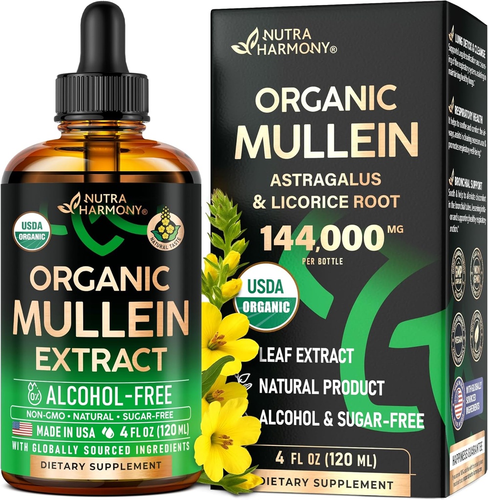 Mullein Drops for Lungs - USDA Organic Liquid - Mullein Leaf Extract Supplement - Made in USA - Lung & Bronchial Cleanse for Smokers - Αναπνευστική Υγεία Υποστήριξη - Ως Βάμμα, Τσάι, Χάπια - 4 fl oz