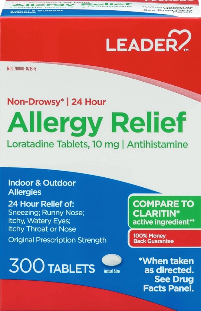 Leader 24 Ωριαία Αλλεργία Ανακούφιση, Μη- Νύστα, Loratadine 10mg, Αντιισταμινικό, Αρχική δύναμη συνταγής, Sinus Relief, Εσωτερική και Υπαίθρια, Αλλεργία Counteract, 300 δισκία