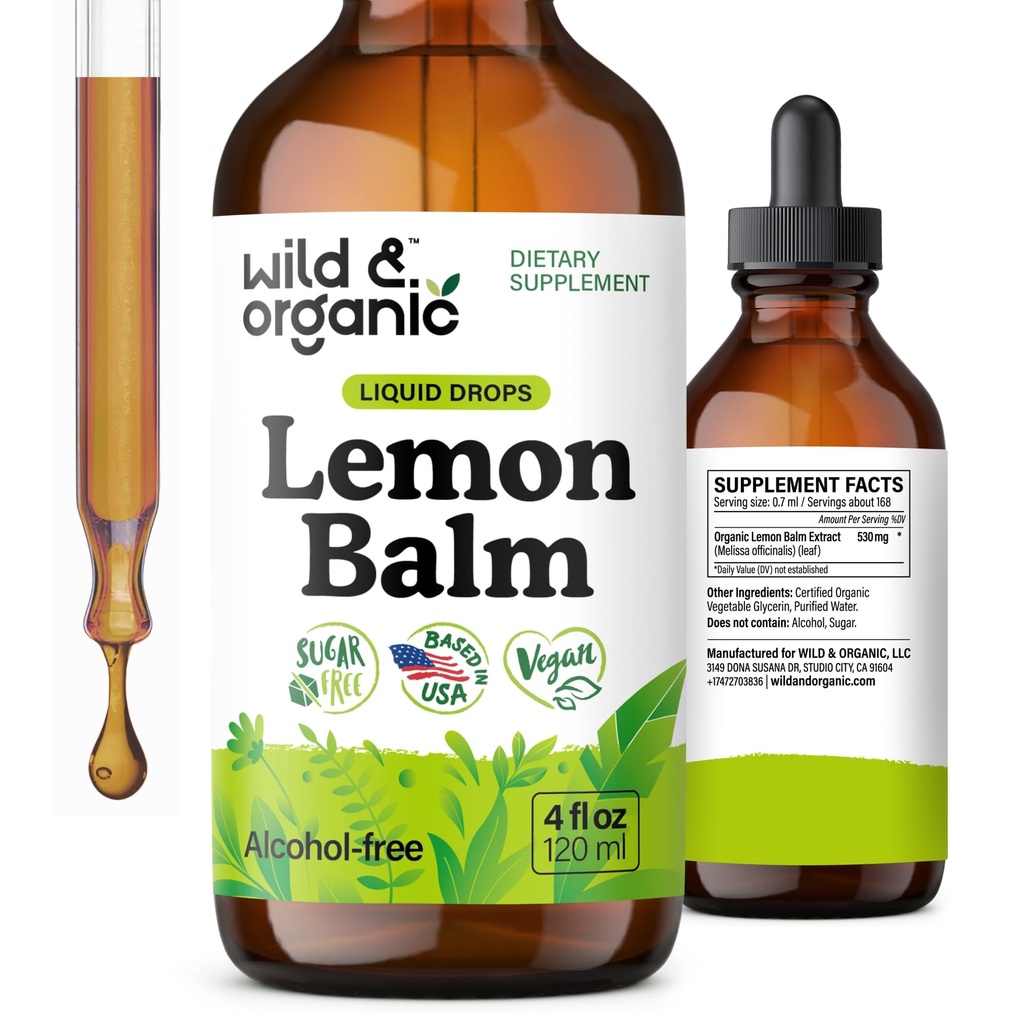 Wild & Organic Lemon Balm Tincture - Mood Support Supplement - Melissa Lemon Balm Leaf Extract Drops - Vegan, Sugar & Alkol Özgür Calming Supplement - 4 fl oz