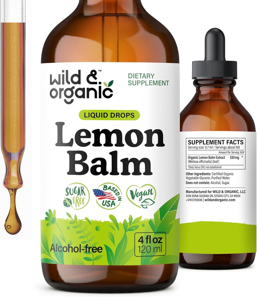 Wild & Organic Lemon Balm Tincture - Mood Support Supplement - Melissa Lemon Balm Leaf Extract Drops - Vegan, Sugar & Alkol Özgür Calming Supplement - 4 fl oz