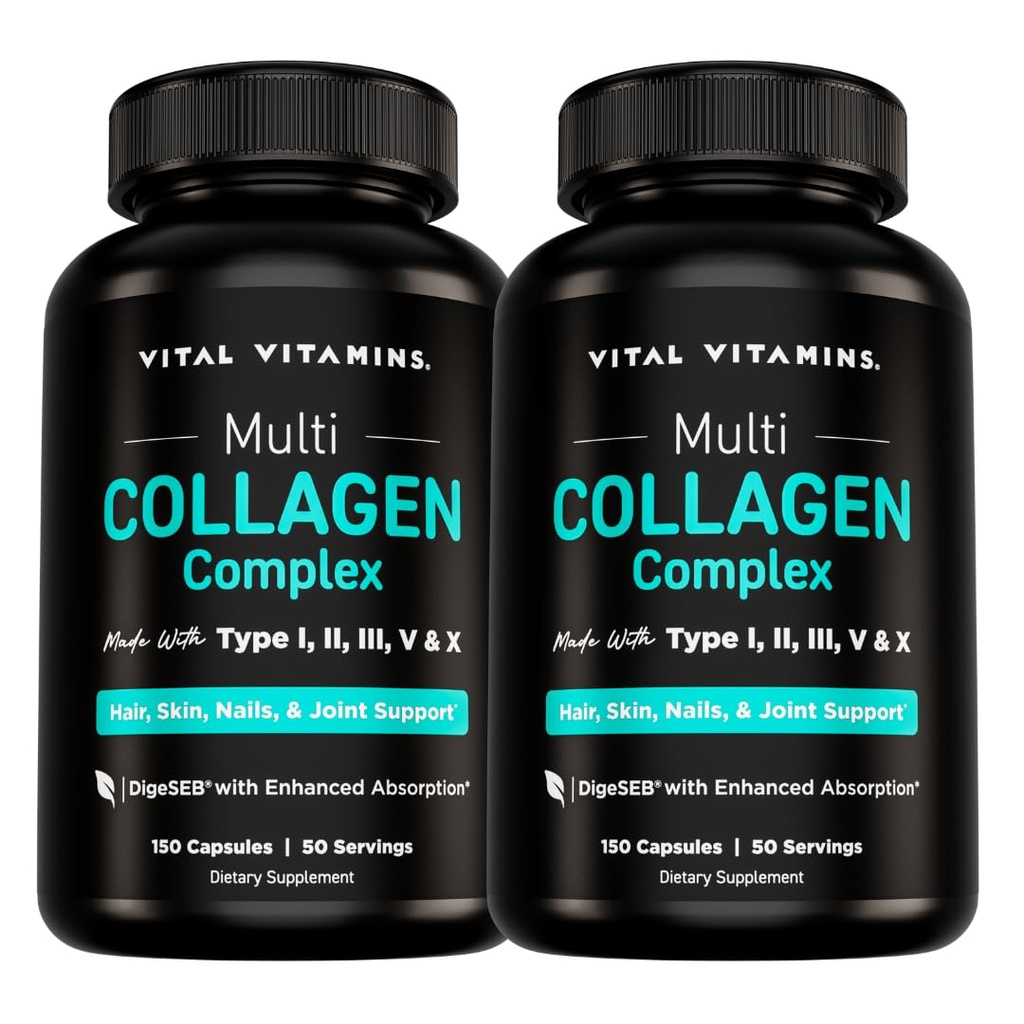 Vitals Multi Collagen Pills for Women & Men (2-Pack) - Hydrolyzed Collagen Peptides - Tip I, II, III, V, X - Grass Fed, Non-GMOB