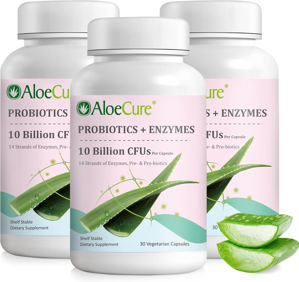 AloeCure Daily Probiyotiks 10 Milyar CFU for Digestive Support 8 Strains, 6 Prebiyotiks & Enzymes - Kadınlar ve Erkekler için Bromelain ile Digestive Relief, 30 Caps x 3btls