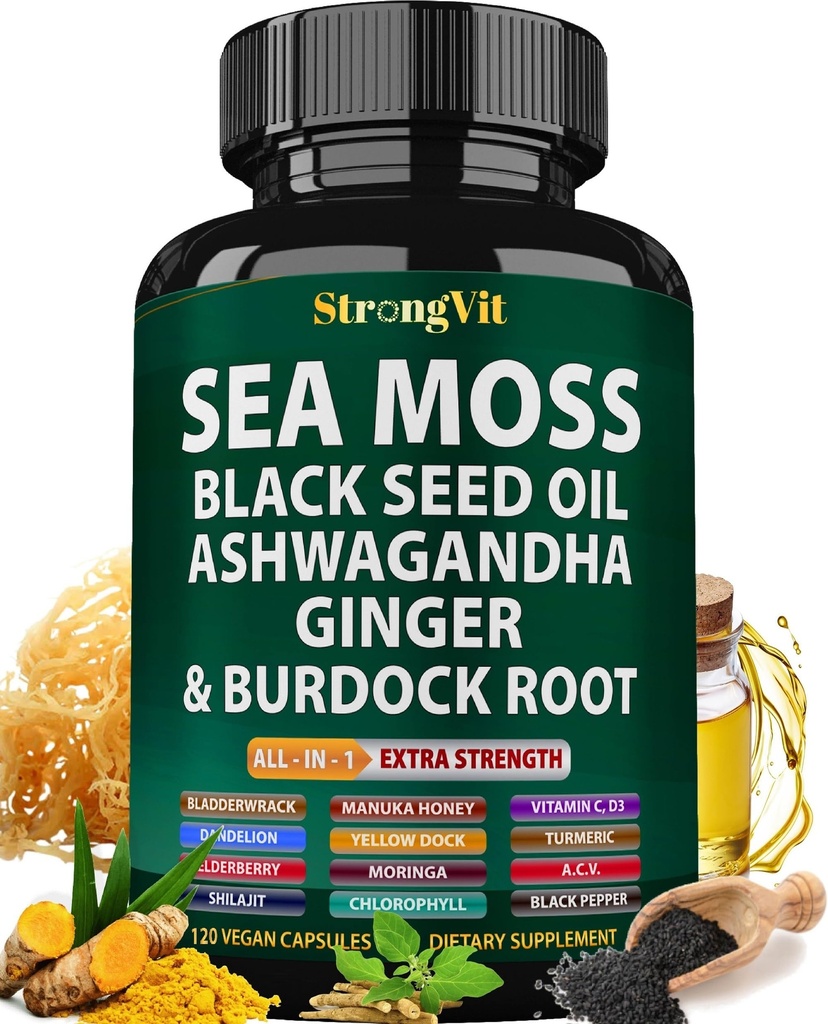 Sea Moss Black Seed Oil Ashwagandha Ginger, Βιολογικές κάψουλες Moss με Burdock Root, Irish Seamoss Χάπια με Bladderwrack, Turmeric, Shilajit, Multimineral Supplement, ΗΠΑ (120 Κάψουλες)