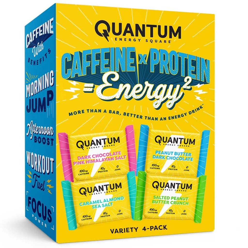 Quantum Energy Square - Energy Bar with Caffeine & 10g Protein, Healthy Snack On the Go - Vegan, Gluten-free, Soy & Dairy-Free - Ποικιλία 4-Pack