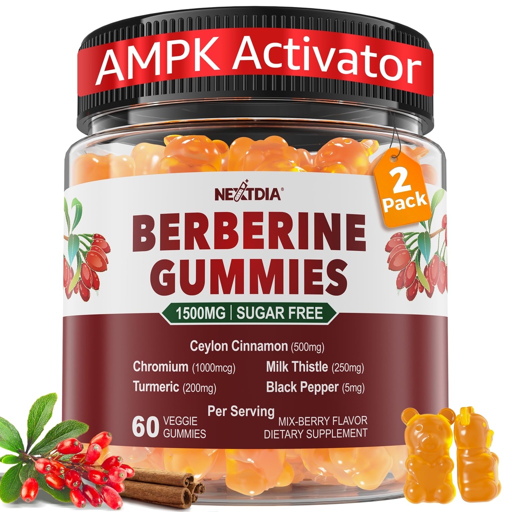 2 Pack - Berberine Gummies 1500 mg Sugar Free, Organik Berberine Supplement w/Ceylon Cinnamon, Chromium, Turmeric, Milk Butle for Metabolism, Berberine HCl from Indian Barberry Extract, Veganine