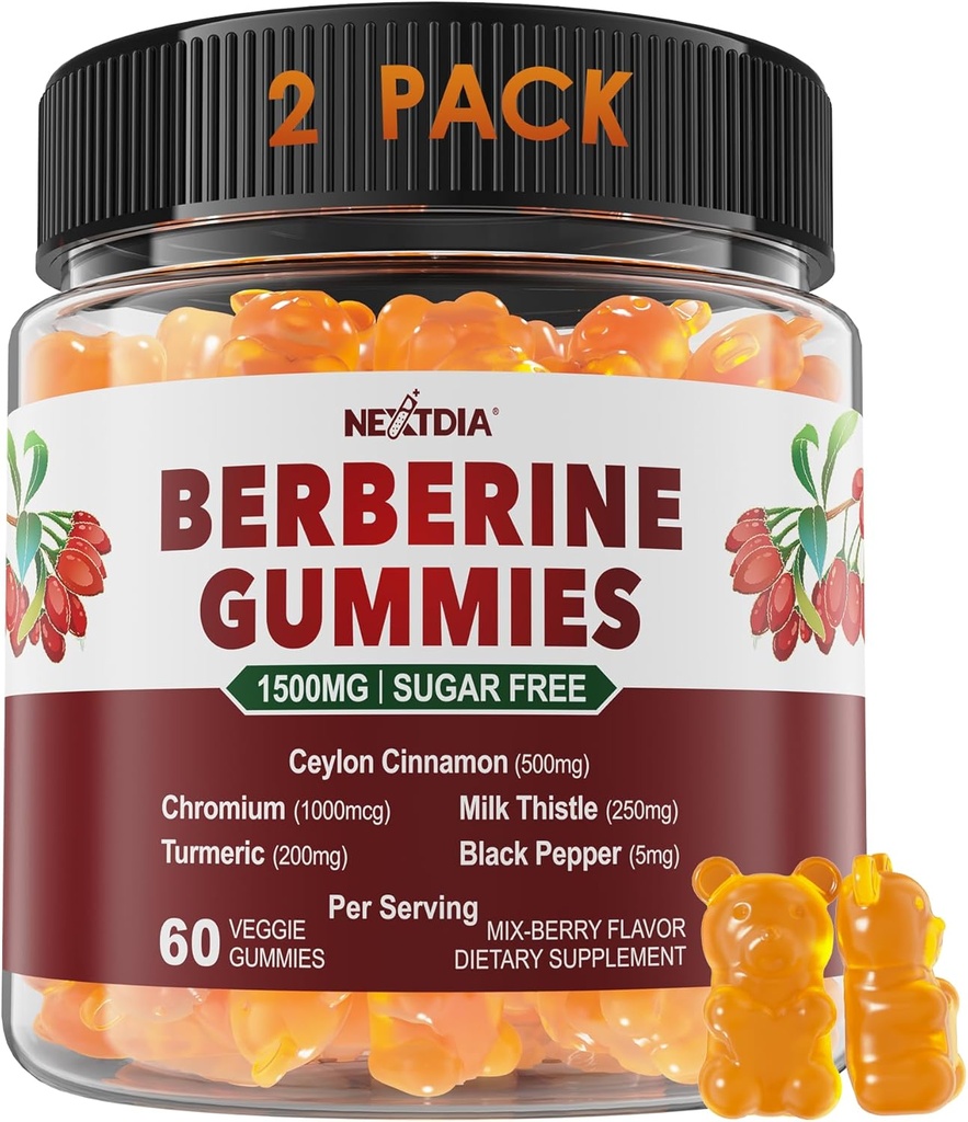 2 Pack - Berberine Gummies 1500mg Sugar Free, Organic Berberine Supplement w/Ceylon Cinnamon, Chromium, Turmeric, Milk Thistle for Metabolism, Berberine HCl from Indian Barberry Extract, Vegan