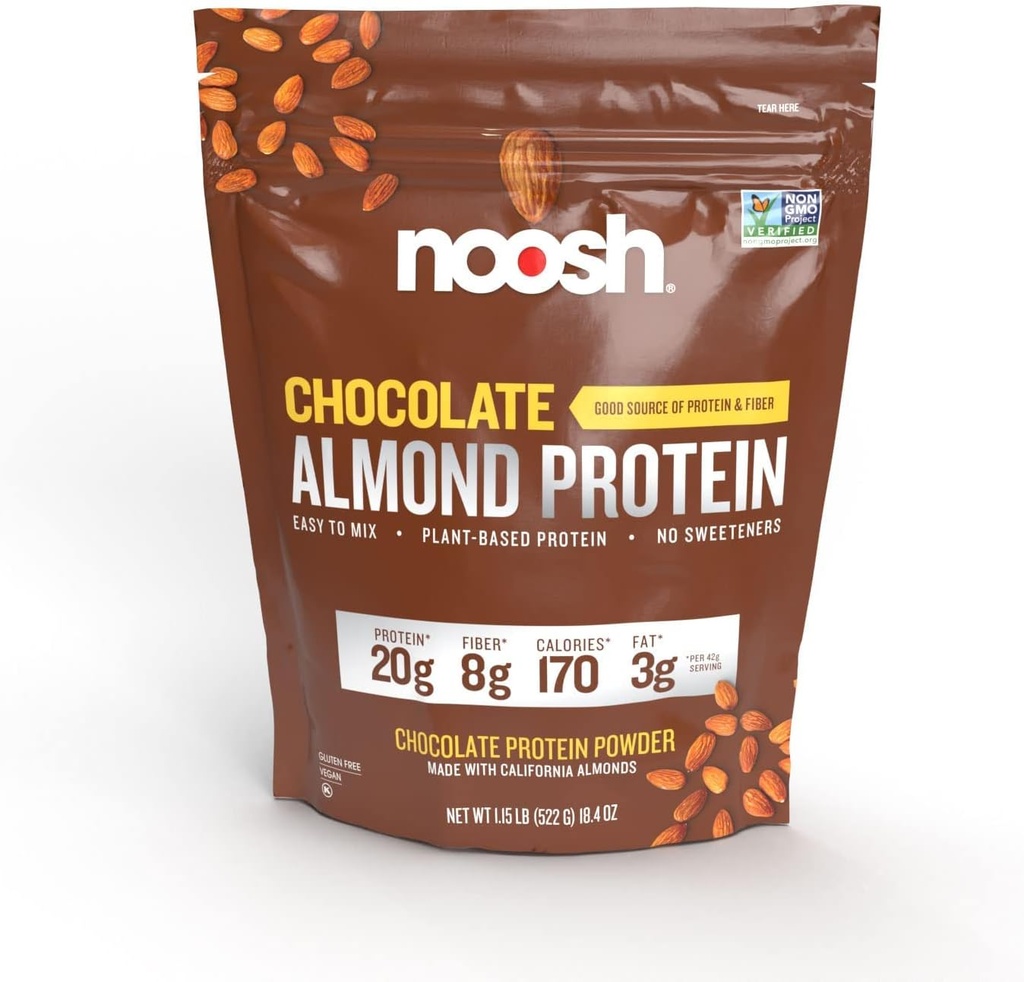 Σκόνη πρωτεΐνης αμυγδάλου με βάση το NOOSH 43 Gram - Vegan Protein Powder, Όλα τα φυσικά συστατικά, Μη ΓΤΟ, Χωρίς γλουτένη, Kosher, Χωρίς φυστίκια, Χωρίς σόγια, Χωρίς γαλακτοκομικά (Chocolate)