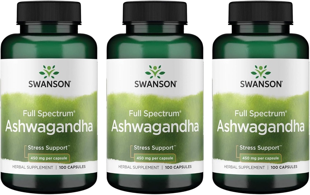 Swanson Ashwagandha Toz Supplement-Ashwagandha Root Stres Yardım ve Enerji Desteği-Ayurvedic Supplement for Natural Wellness (100 Capsules, 450 mg Her) 3 Pack