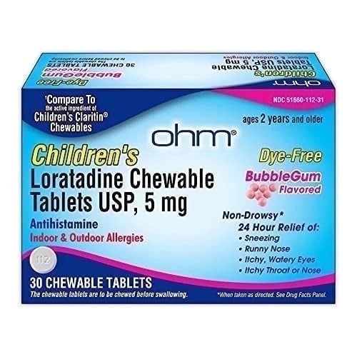 Ohm Children's Loratadine Chewable, Dye Free, Bubblegum, Non-Drowsy 24h Relief of Sneezing, Runny Nose, Watery Eyes, Itchy Throat veya Nose, Antihistamine, Kapalı & Açık Tüm enerjiler, 5 mg, 30 Tabletler