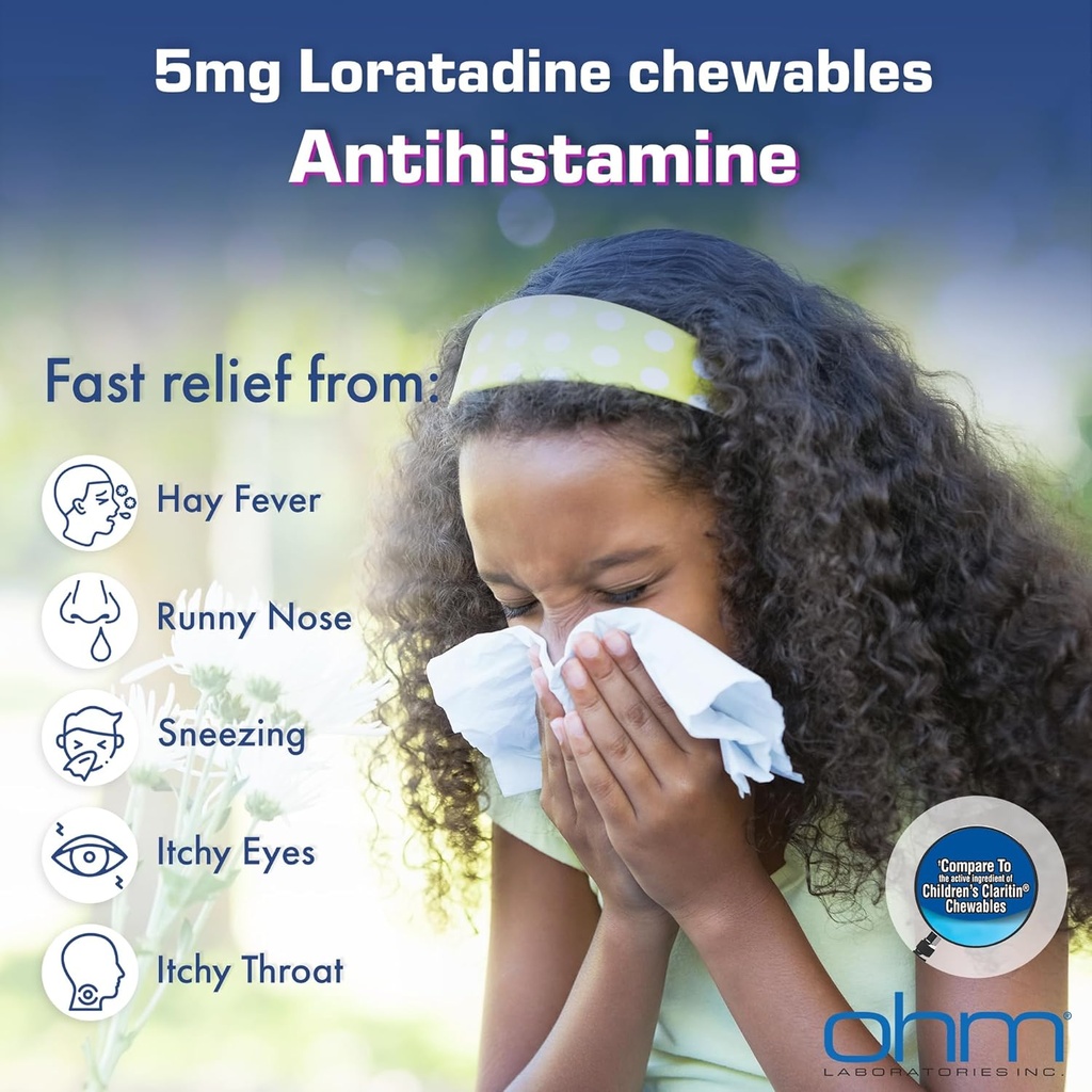 Ohm Children's Loratadine Chewable, Dye Free, Bubblegum, Non-Drowsy 24h Relief of Sneezing, Runny Nose, Watery Eyes, Itchy Throat veya Nose, Antihistamine, Kapalı & Açık Tüm enerjiler, 5 mg, 30 Tabletler