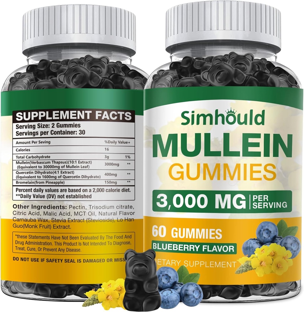 1 Pack Sugar Free 3000MG Mullein Gummies - Lung Cleanse, Mullein Leaf Extract Supplement for Respiratory, Organik Mullein Drops with Quercetin & Bromelain for Lung, Digestive Health & Immune
