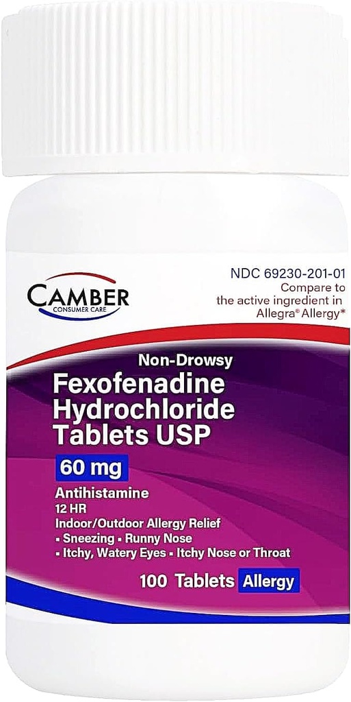 Camber Non-Drowsy Fexofenadine Antihistamine Kapalı Açık Alerji Tabletleri 60Mg 100 Count