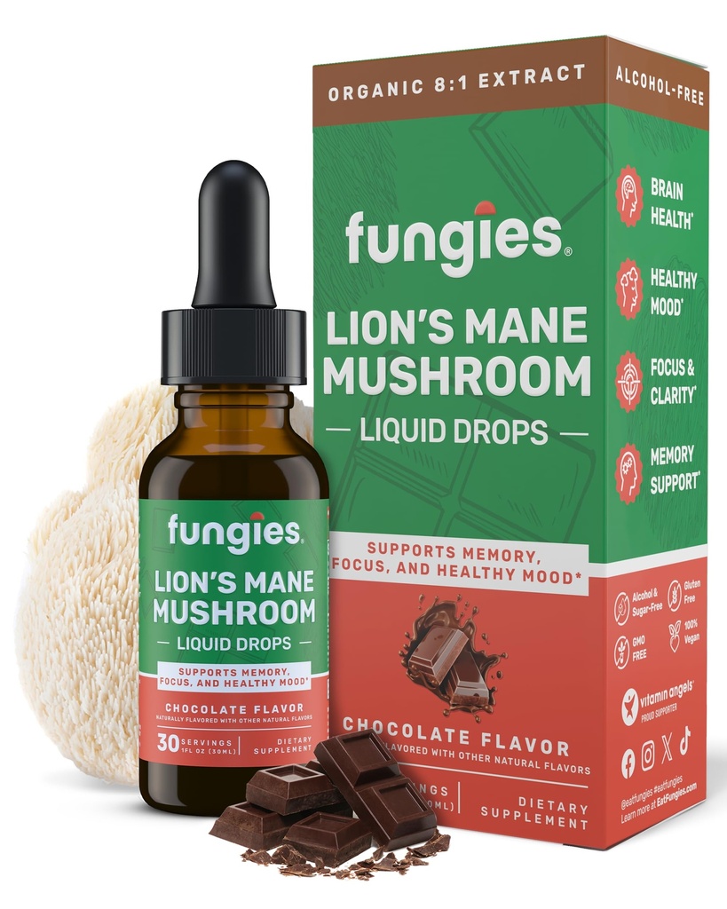 Fungies Lion's Mane Mushroom Liquid Drops, Chocolate - Lions Mane Extract Supports Brain Fog, Focus, Memory & Wellness Mood - Mushroom Kompleks yetişkinler için Tamam - 30 Hizmet