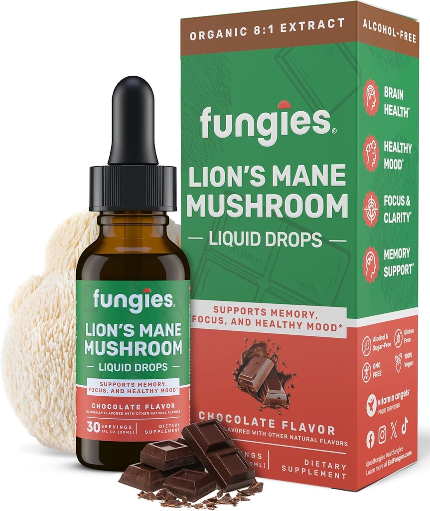 Fungies Lion's Mane Mushroom Liquid Drops, Chocolate - Lions Mane Extract Supports Brain Fog, Focus, Memory & Wellness Mood - Mushroom Kompleks yetişkinler için Tamam - 30 Hizmet