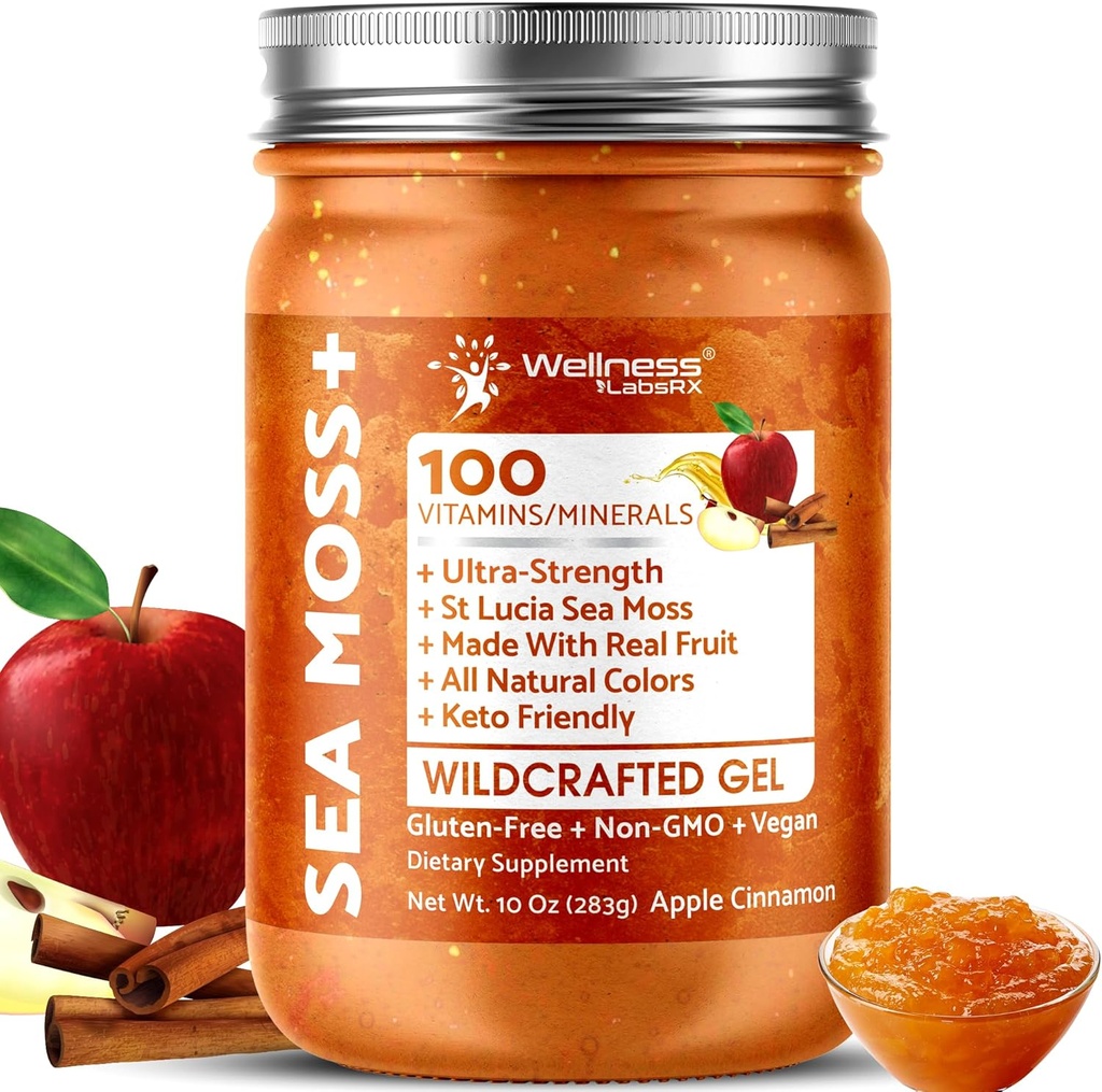 İrlandalı Deniz Moss Gel Raw - Vahşi Superfood Seamoss Gel - Apple Cinnamon Flavor, Pristine Caribbean Waters, Immune ve Digestive Health Support - 10 ozz