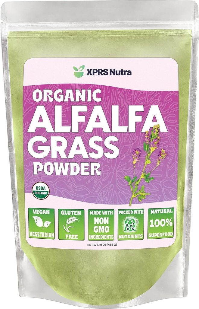 XPRS Nutra Organik Alfalfa Toz - Premium Veganu Kalsiyumda Zengin, Antioksitler, Vitaminler - Çocuklar ve Yetişkinler için Çiftçi Supplement - Vegan Dostu Alfalfa Leaf (16 Ounce)