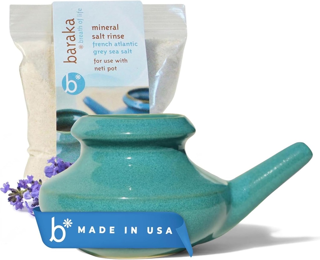 Baraka Neti Pot Tool Kit - Snoring & Saline Çözüm, Elcrafted Seramik Dishwasher Safe with 2oz Mineral Sea Salt for Nose Temizlik & Sinus Rinse Perfect for Anti Allergy Relief in Yetişkinler & Kids (Jade)