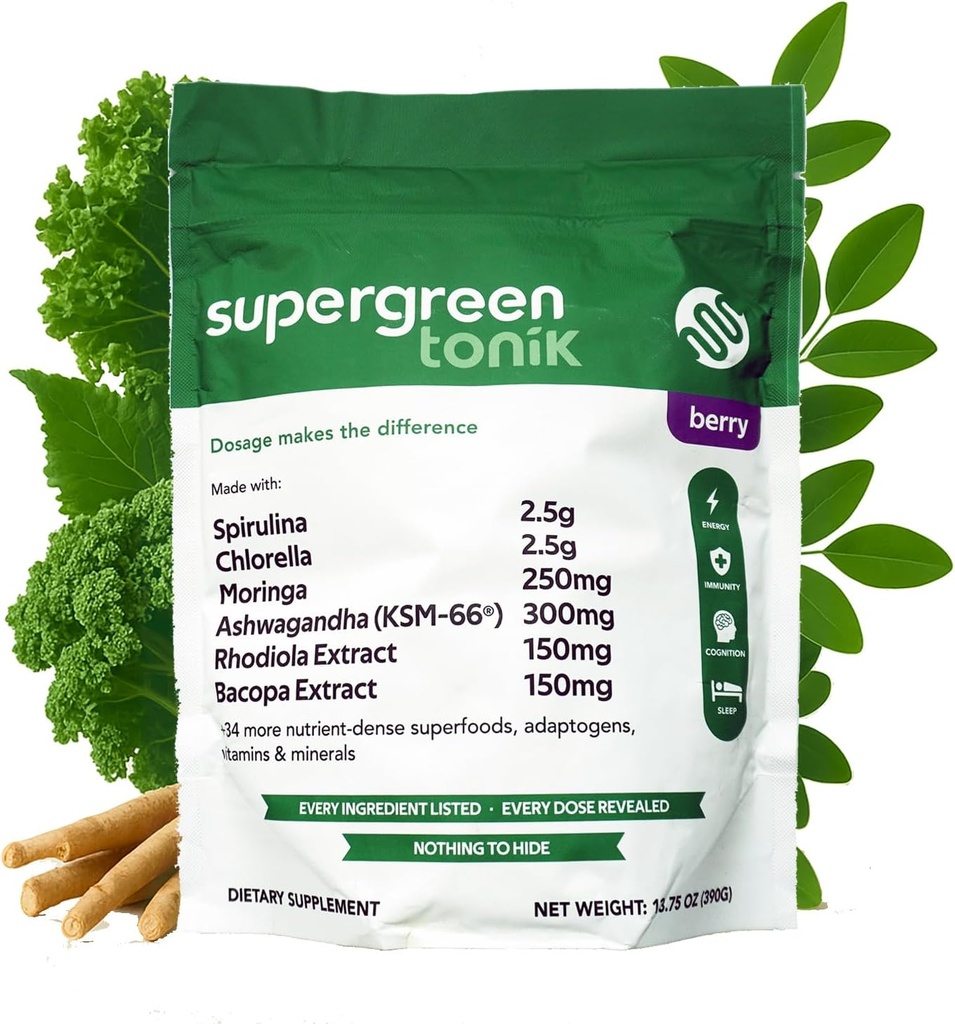 100% Doğal Yeşiller Superfood Toz - 40 Superfoods, Vitaminler ve Mineraller ile Günlük Tamam - Enerji, Stres ve Immunity – 30 Days 360 Grams Berry Flavor (1 Bag)