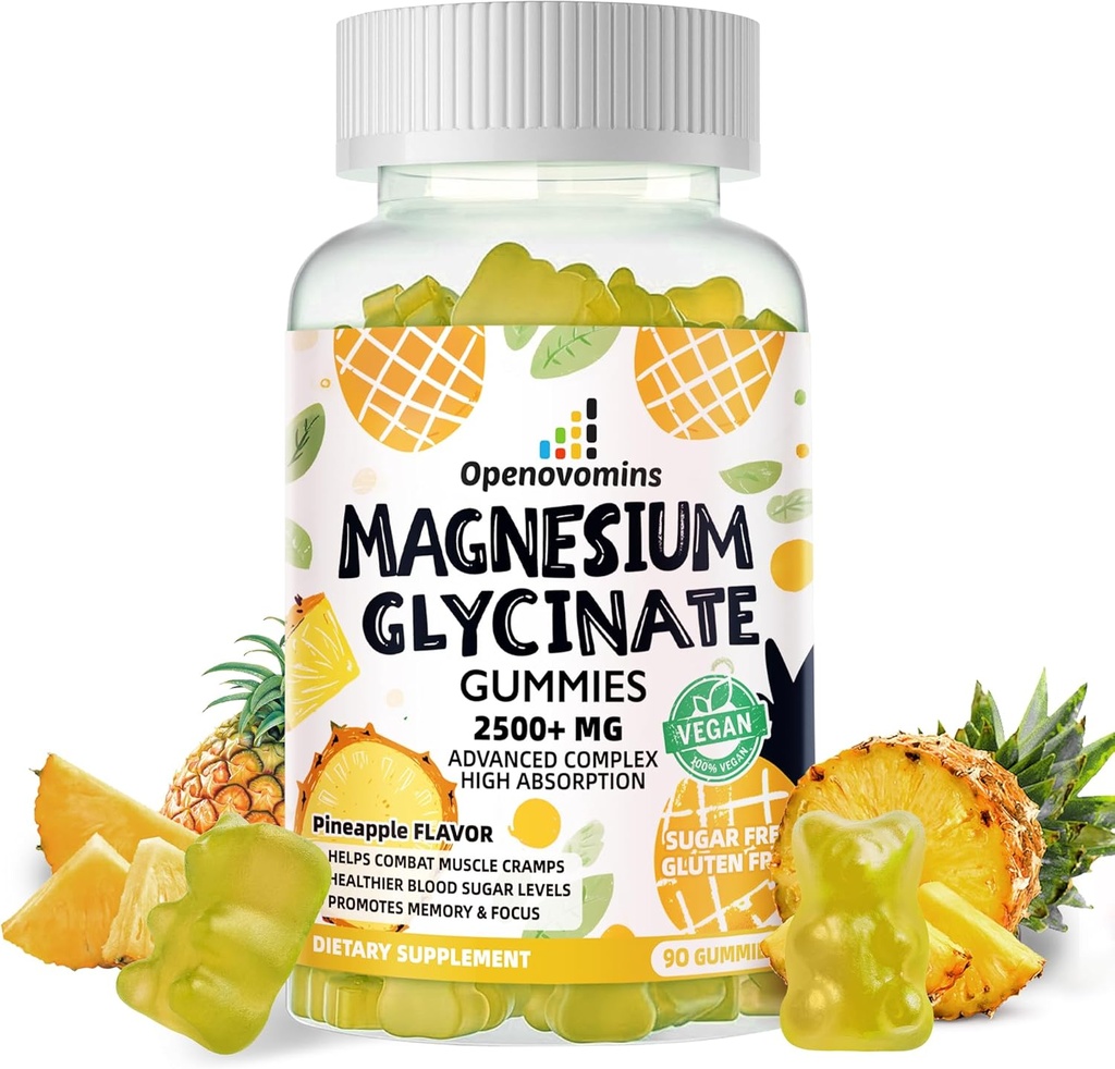 Magnezyum Glycinate Gummies 2500 mg - Sugar Free Magnezyum Pids Supplement with Vitamin D, B6, CoQ10 For Calm Mood & Sleep Support - 90 Pineapple Gummies