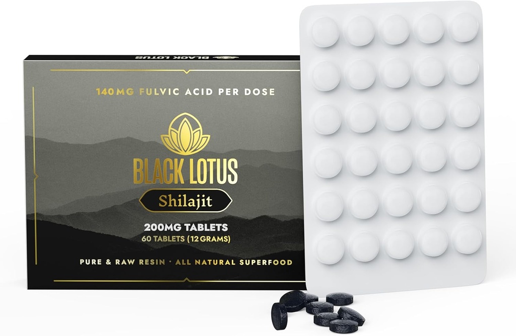 Black Lotus Shilajit Resin Tablets, 60 Count, 200mg Κάθε, 100% καθαρό φυσικό Shilajit για άνδρες & γυναίκες με Αμινοξέα, 140mg Fulvic Acid, 85 ιωνικά ορυκτά, για ανοσοποιητική υποστήριξη, εστίαση, ενέργεια