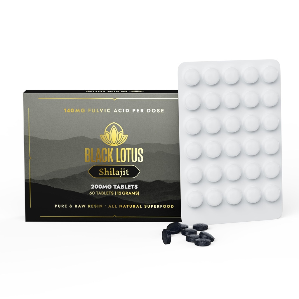 Black Lotus Shilajitwear Tabletleri, 60 Kont, 200 mg Her, 100 Pure Natural Shilajit for Men & Women with Reese Acids, 140 mg Fulvic Acid, 85 Ionic Trace Minerals, Immune Support, Focus, Energy