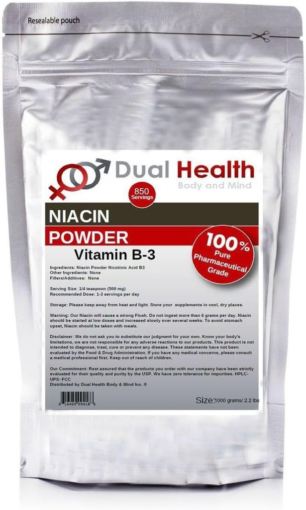 Niacin Powder (2.2 lbs - 1 kilogram) Vitamin B3 Bulk Supplement Immediate Release Niacin with Flush Nicotinic Acid Non-GMO, Vegan, Gluten Free Fast Absorption No GMOs, Fillers, Additives, Metals
