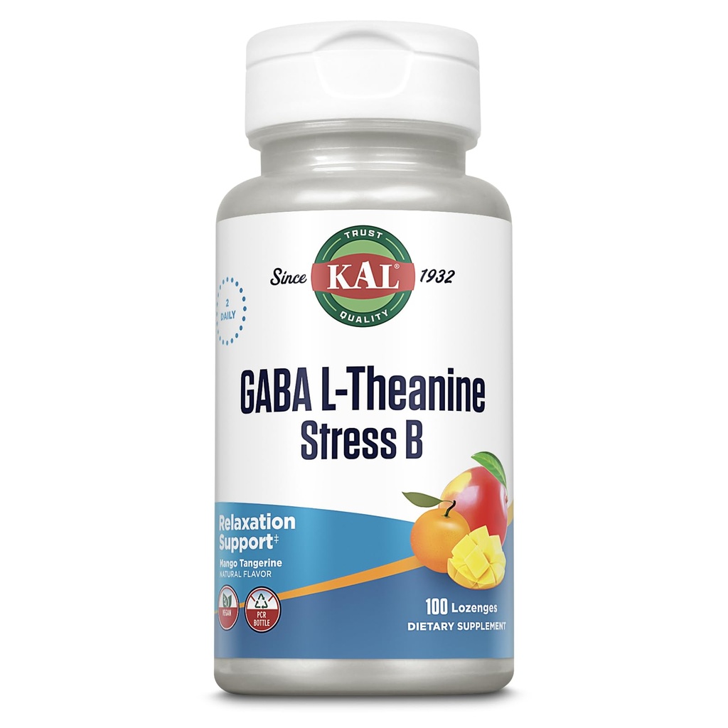 KAL GABA L-Theanine Stress B Lozenge, B Kompleks Vitamin Tamam, Sağlıklı Rahatlama, Mood & Focus Support, Natural Mango Tangerine Flavor, Vegan, 50 Hizmet, 100 Lozenges