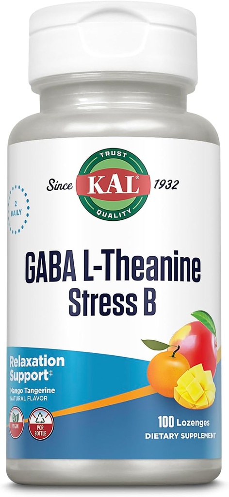 KAL GABA L-Theanine Stress B Lozenge, B Kompleks Vitamin Tamam, Sağlıklı Rahatlama, Mood & Focus Support, Natural Mango Tangerine Flavor, Vegan, 50 Hizmet, 100 Lozenges