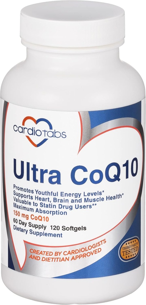 Ultra CoQ10 Coenzyme Supplement for Cardio Health, 150 mg CoQ10 - Ubiquinone - Per 2 Softgels w/Safflower Oil & Tocopherols, 6X Καλύτερη Απορρόφηση για την υγεία του εγκεφάλου και των μυών, 120 Softgels
