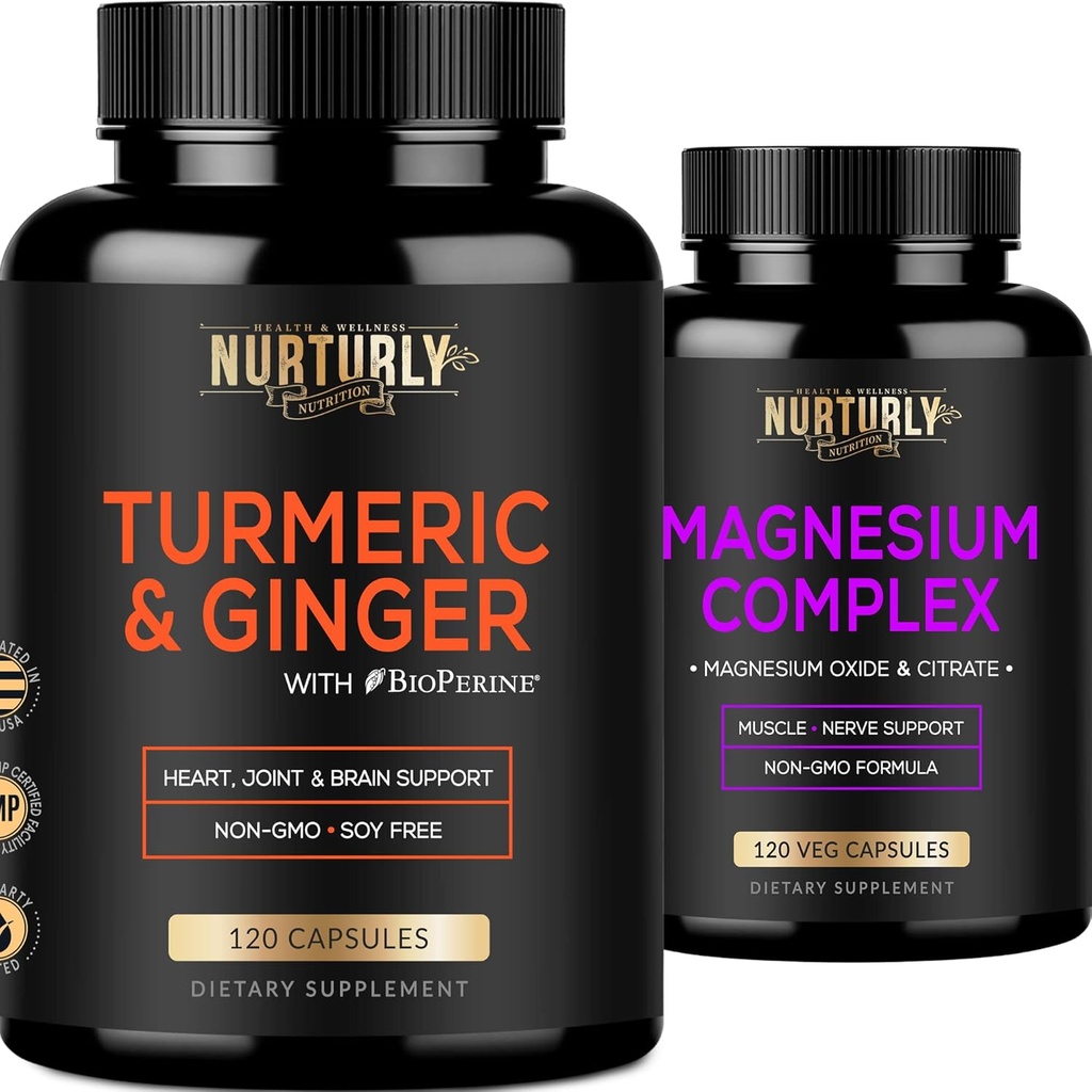 Magnezyum Kompleksi ve Turmeric Curcumin with BioPerine&Ginger - Citrate 500MG - Kas Rahatlama, Uyku ve Enerji, Kemik Yoğunluğu ve Güçlü, Kalp