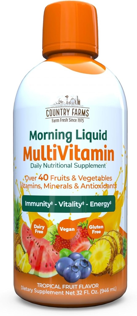 Ülke Çiftçileri Immune Support and Energy için Çokvitamin, Vitaminler ve Mineraller, Herbal Mix, Vegan, Kadınlar ve Erkekler için Çokvitamin, Gluten Free, Tropikal Meyve Flavor, 32 fl ozzz
